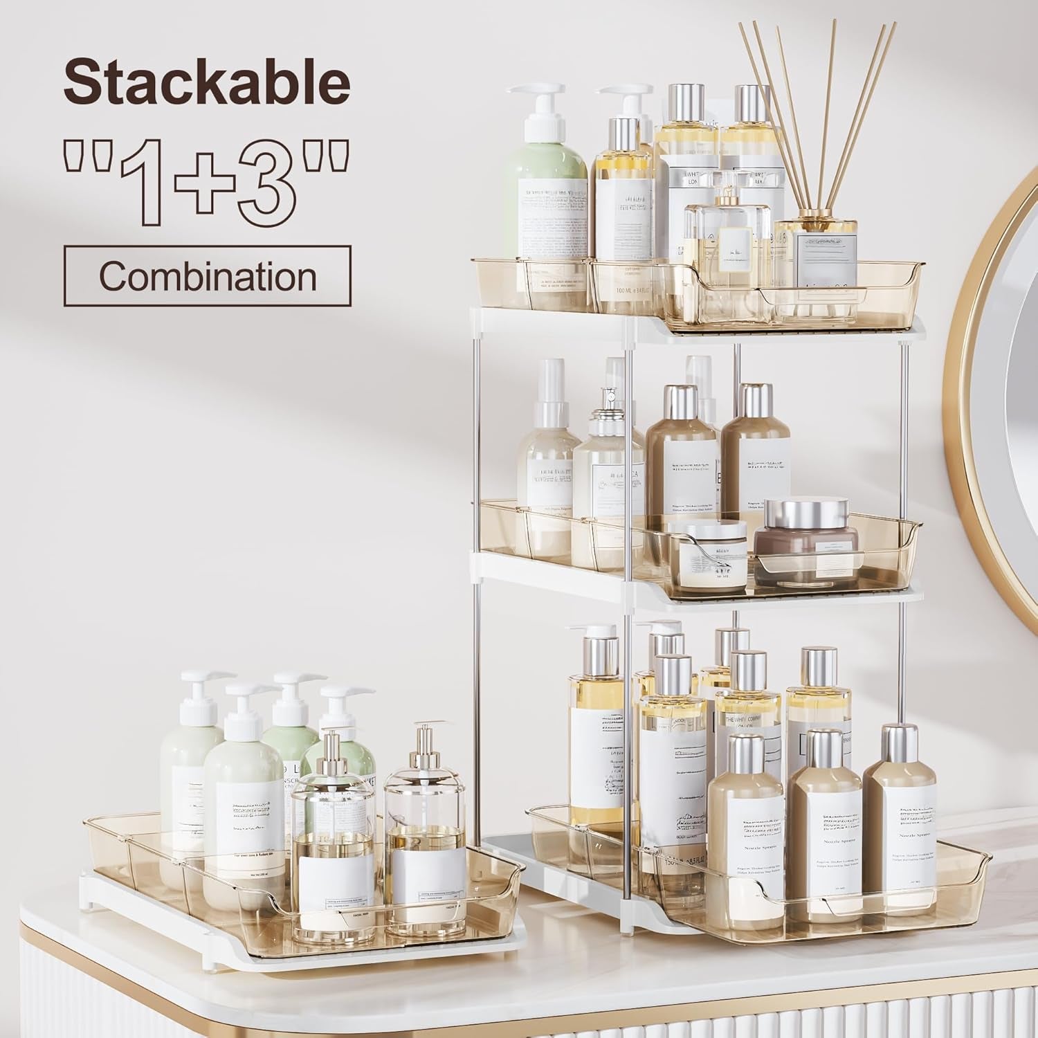 2 Sets of 2-Tier Multi-Purpose Bathroom under Sink Organizers and Storage, Stackable Kitchen Pantry Organization, Pull Out Medicine Cabinet Organizer with 8 Movable Dividers, Amber