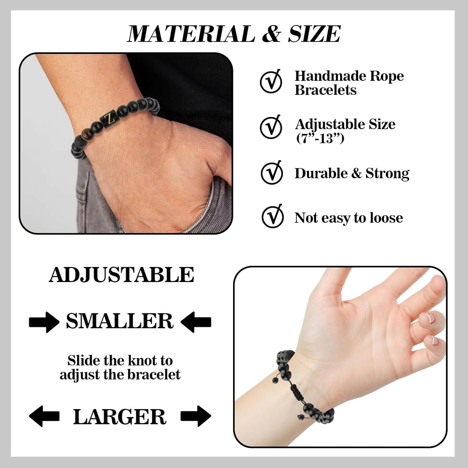 Christmas Gifts Initials Bracelets for Men Letter Link Handmade Natural Black Onyx Tiger Eye Stone Beads Braided Bracelet, Adjustable Charm Bracelet Jewelry Gifts for Him