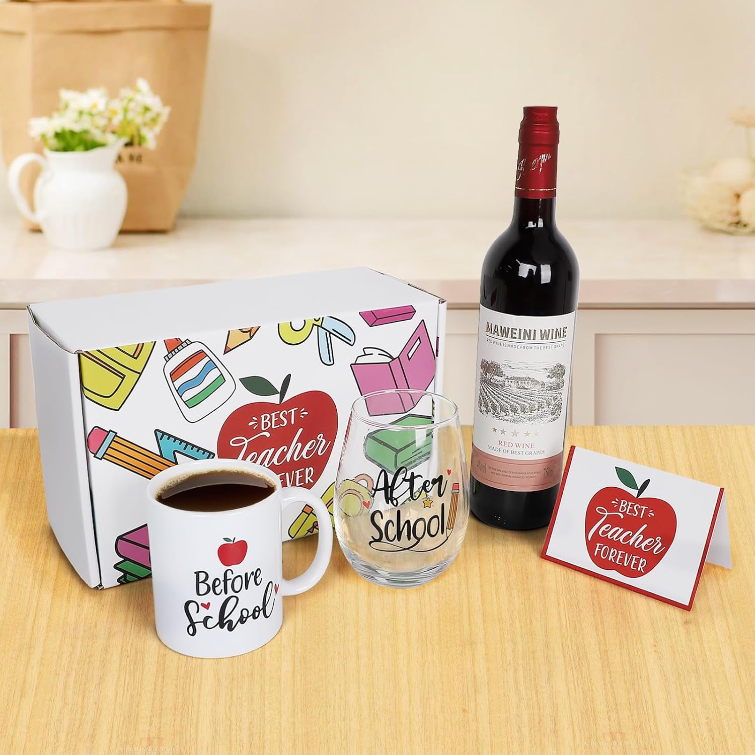 Teacher Appreciation Gifts for Women - 11Oz Coffee Mug & 19Oz Wine Glass, Funny & Thank You Gifts, before & after School Drinks