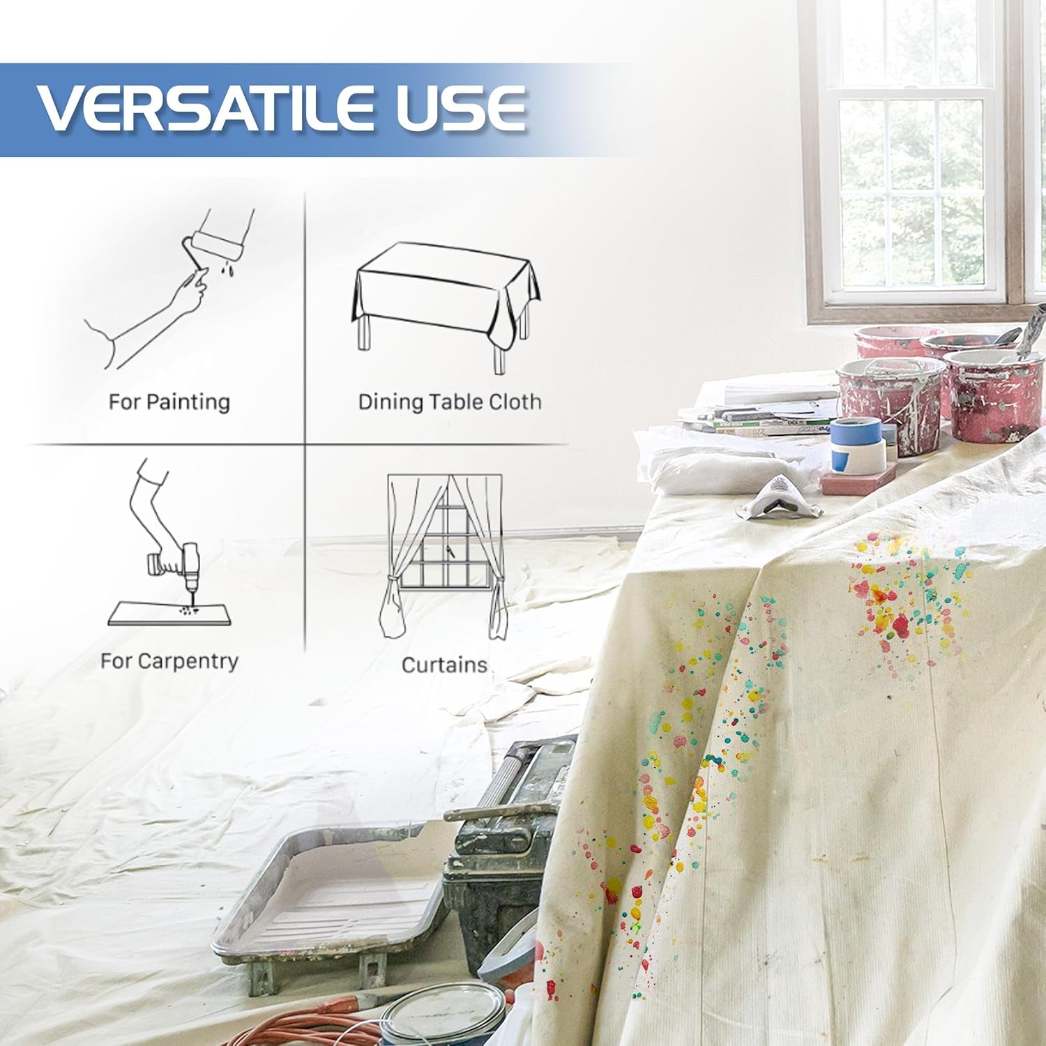 Drop Cloth for Painting (9X12 Ft, 1 Pack) Washable and Reusable Canvas Fabric for Furniture & Floor Protection Highly Absorbent Paint Cover - Duck Dropcloth for Outdoor and Indoor Use