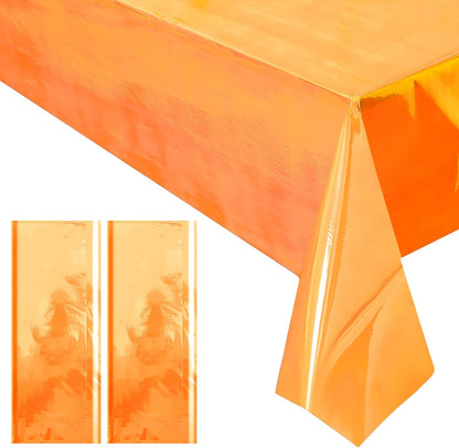 Set of 2 Orange Iridescent Disposable Tablecloths - 40 x 108 Inches - Shiny Holographic Plastic Covers for Party, Wedding, and Banquet Decor