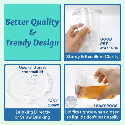 16 Oz Clear Plastic Cups with Lids (100 Pack) - Strawless Sip Lids, Leak-Proof & Bpa-Free Iced Coffee Cups - Disposable Cold Drink Cups for Smoothies, Milkshake, Parties, Events