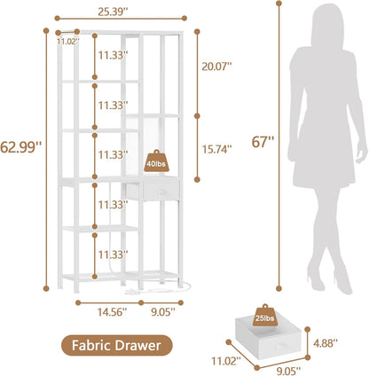 6-Tier Bookshelf with Charging Station, Double Display Shelf with Drawer, Tall Freestanding Bookcase, Metal Open Book Shelf for Living Room, Bedroom, Home Office, White