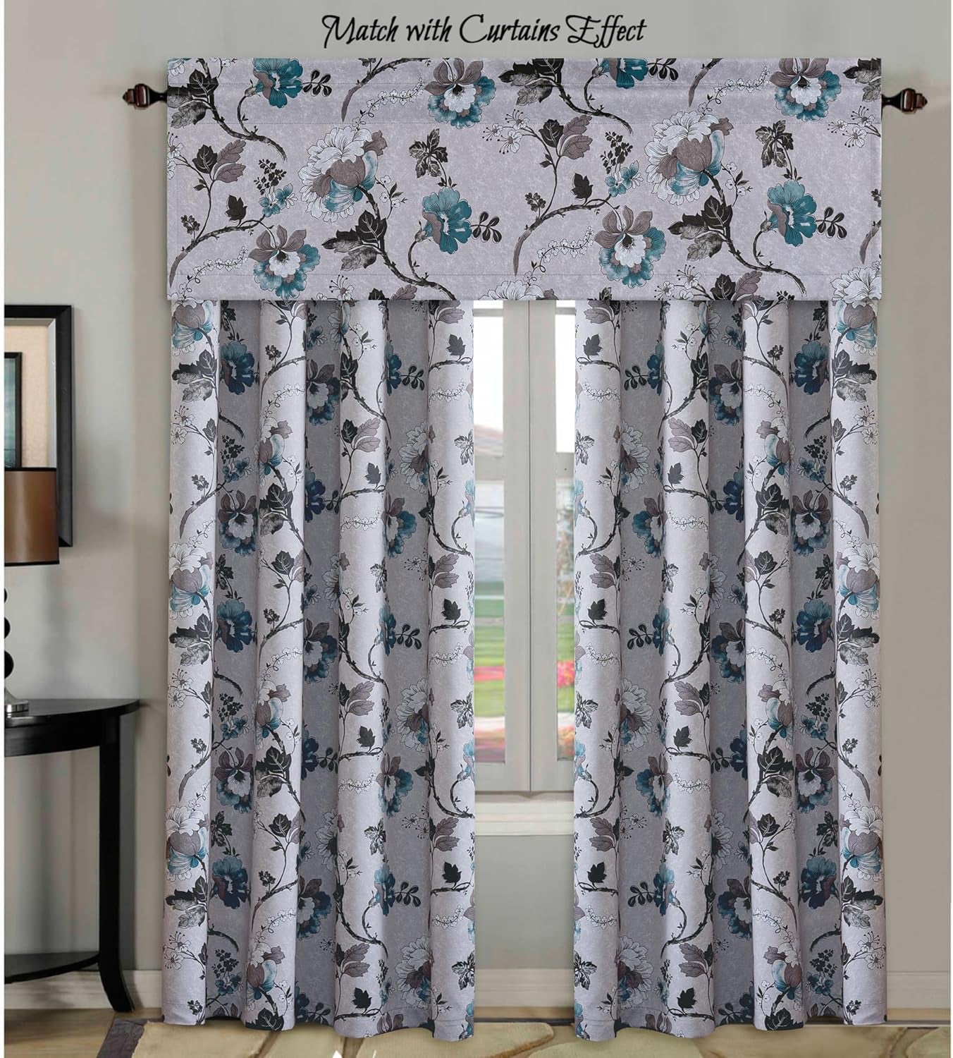 Blackout Curtain Valances for Kitchen Window/Living Room/Bathroom Privacy Added Rod Pocket Home Decoration Winow Valance, 52" W X 18" L, Floral in Grey and Teal