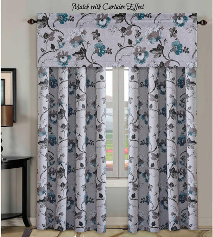 Blackout Curtain Valances for Kitchen Window/Living Room/Bathroom Privacy Added Rod Pocket Home Decoration Winow Valance, 52" W X 18" L, Floral in Grey and Teal
