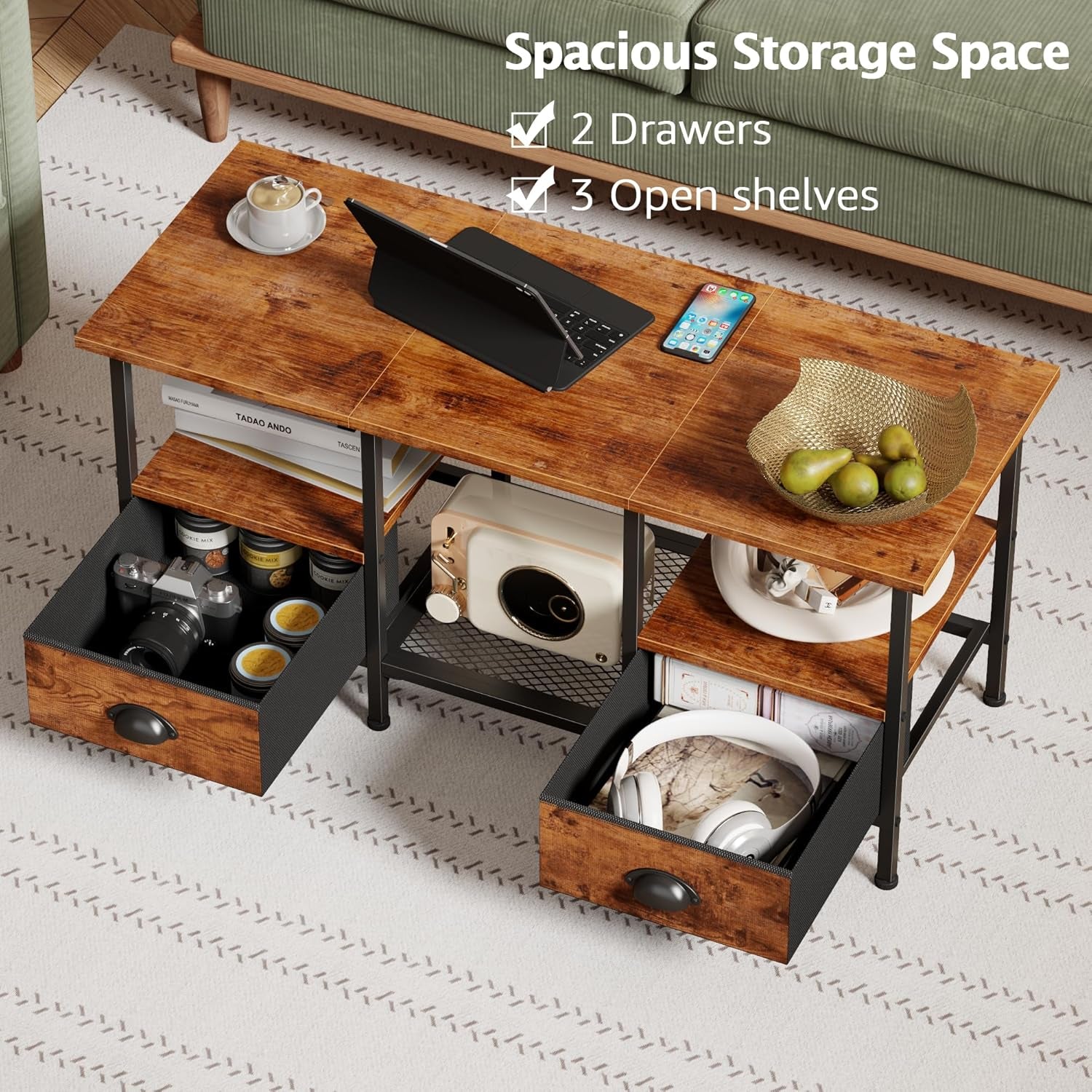 35" Coffee Table with 2 Storage Drawers, Small Coffee Tables for Living Room, Industrial Center Table with 2 Tier Storage Shelf, Rustic Brown