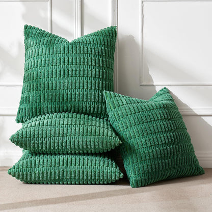 Pack of 4 Forest Green Corduroy Decorative Throw Pillow Covers 18X18 Inch Soft Boho Striped Pillow Covers Modern Farmhouse Home Decor for Sofa Living Room Couch Bed