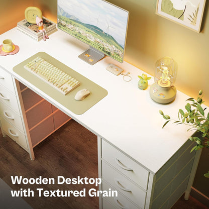 47-Inch White Vanity Desk with 8 Fabric Drawers - Spacious Computer Desk for Home Office and Bedroom Storage