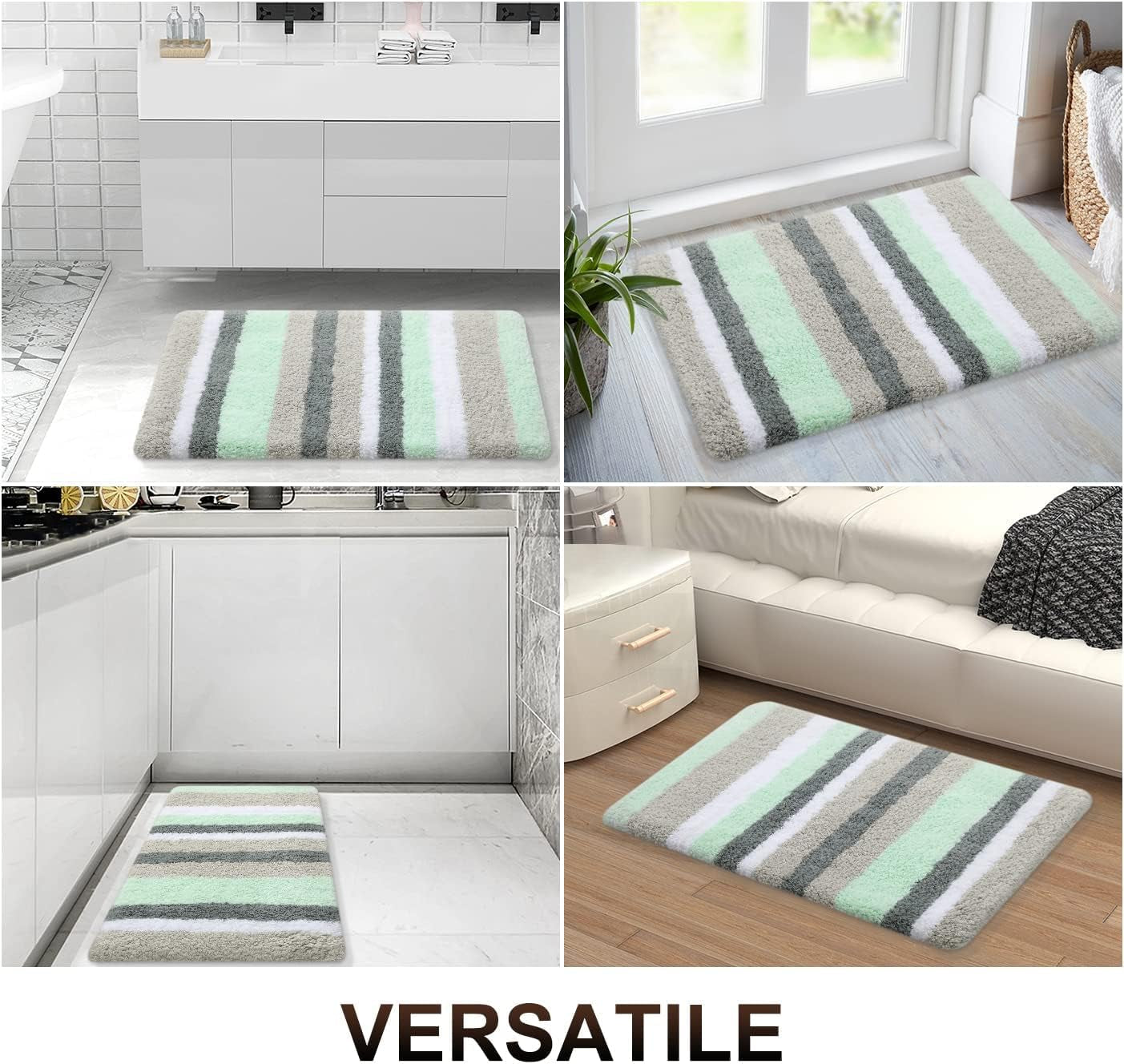 Microfiber Striped Bathroom Rugs Bath Mat, Extra Thick, Soft and Shaggy, Absorbent, Machine Washable, Anti-Slip Bath Rugs for Bathroom, Tub and Shower, 24X20, Green-Grey
