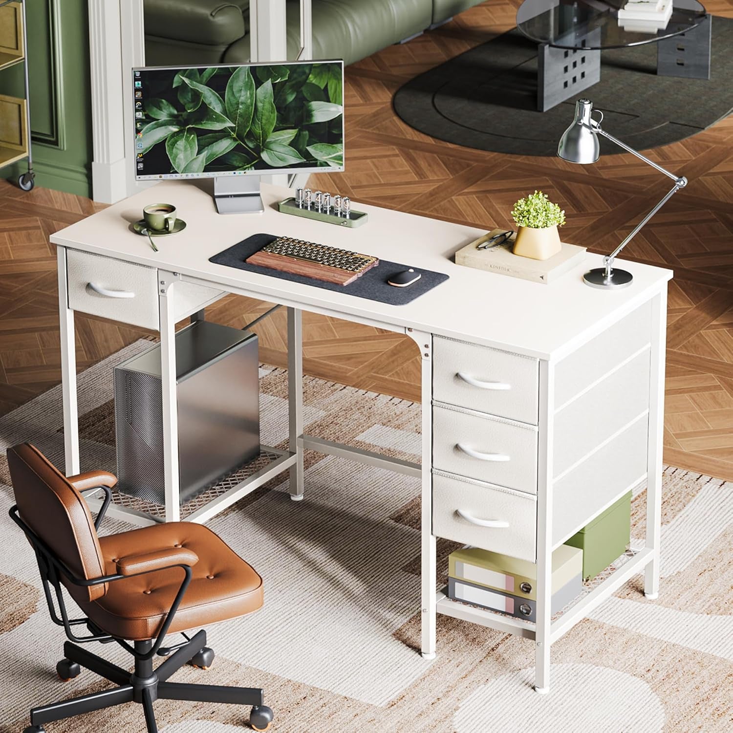 47-Inch White Desk with Four Drawers and Mesh Shelf, Versatile Study and Computer Table for Home Office and Bedroom