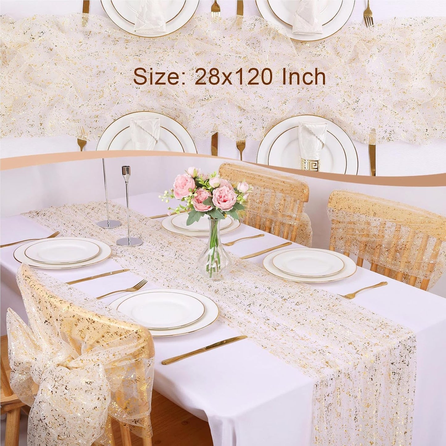 10 Ft Gold Table Runner 120 Inches Lightweight Reusable Cheesecloth Table Runner Suitable for Festivals Weddings Parties Sequin Table Runners or Daily Home Gold Party Decorations.