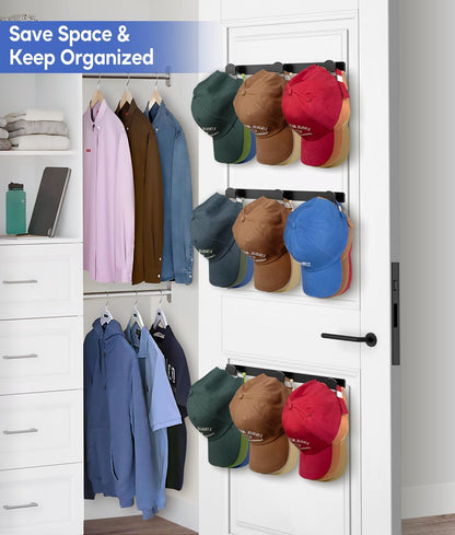 4 Packs Hat Rack for Wall, Hat Organizer for Baseball Caps Holds 36 Hats, 3 Mounting Options Hat Hook Hanger, Strong Baseball Hat Holder Storage, Cap Display for Door, Room, Closet (Black)