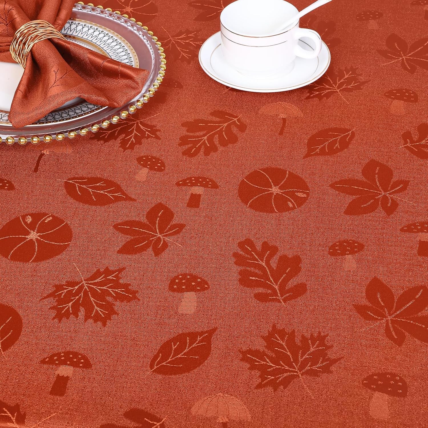 Rectangle Thanksgiving Tablecloth, Waterproof Jacquard Fall Table Cloth, Damask Cloth Table Cover for Harvest Decor (60" X 84", Rust Leaves Pattern)