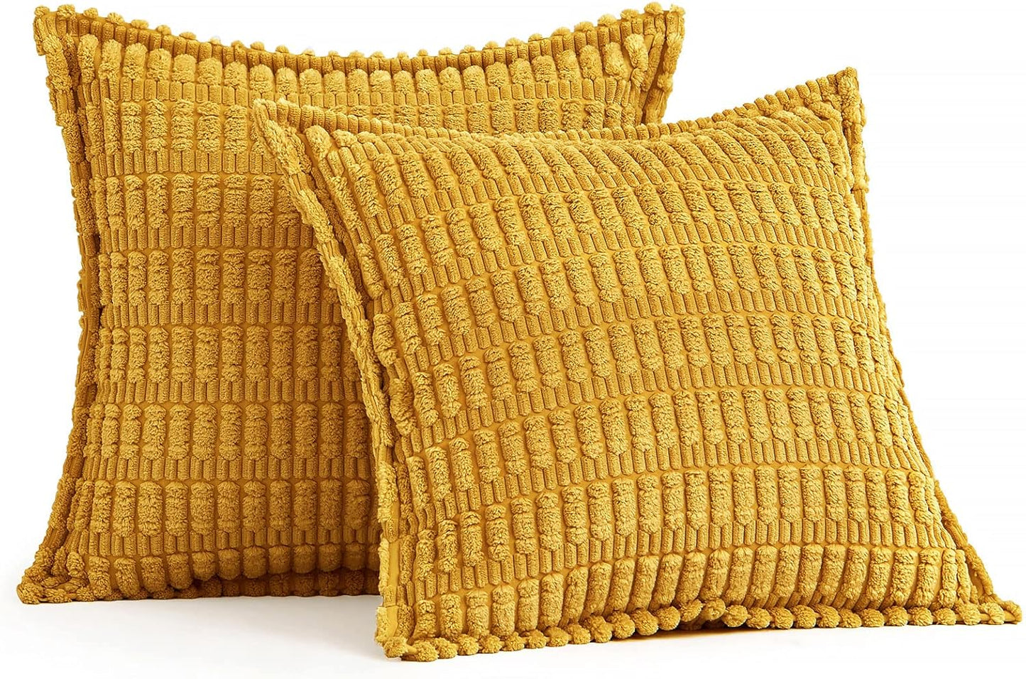 Mustard Yellow Corduroy Decorative Throw Pillow Covers Pack of 2 Soft Striped Pillows Pillowcases with Broad Edge Spring Winter Modern Boho Home Decor for Couch Sofa Bed 18X18 Inch