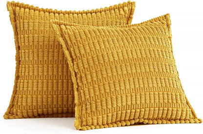 Mustard Yellow Corduroy Decorative Throw Pillow Covers Pack of 2 Soft Striped Pillows Pillowcases with Broad Edge Spring Winter Modern Boho Home Decor for Couch Sofa Bed 18X18 Inch