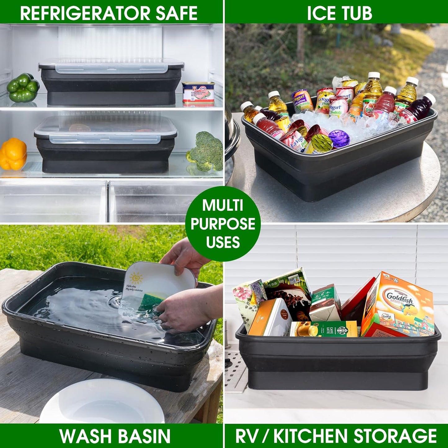 Silicone Collapsible Marinating Container with Lid for Meat, Extra Large Collapsible BBQ Prep Tub, 2.64Gal/10L, Transparent Locking Lid, XL Grill Prep Trays and Carry System, BBQ Must-Have, Black