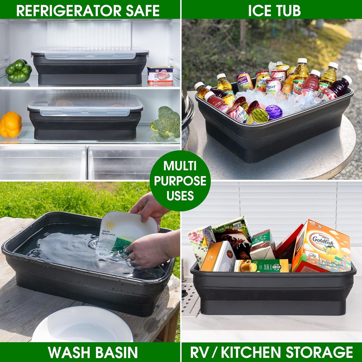 Silicone Collapsible Marinating Container with Lid for Meat, Extra Large Collapsible BBQ Prep Tub, 2.64Gal/10L, Transparent Locking Lid, XL Grill Prep Trays and Carry System, BBQ Must-Have, Black