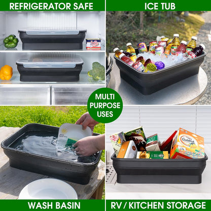 Silicone Collapsible Marinating Container with Lid for Meat, Extra Large Collapsible BBQ Prep Tub, 2.64Gal/10L, Transparent Locking Lid, XL Grill Prep Trays and Carry System, BBQ Must-Have, Black