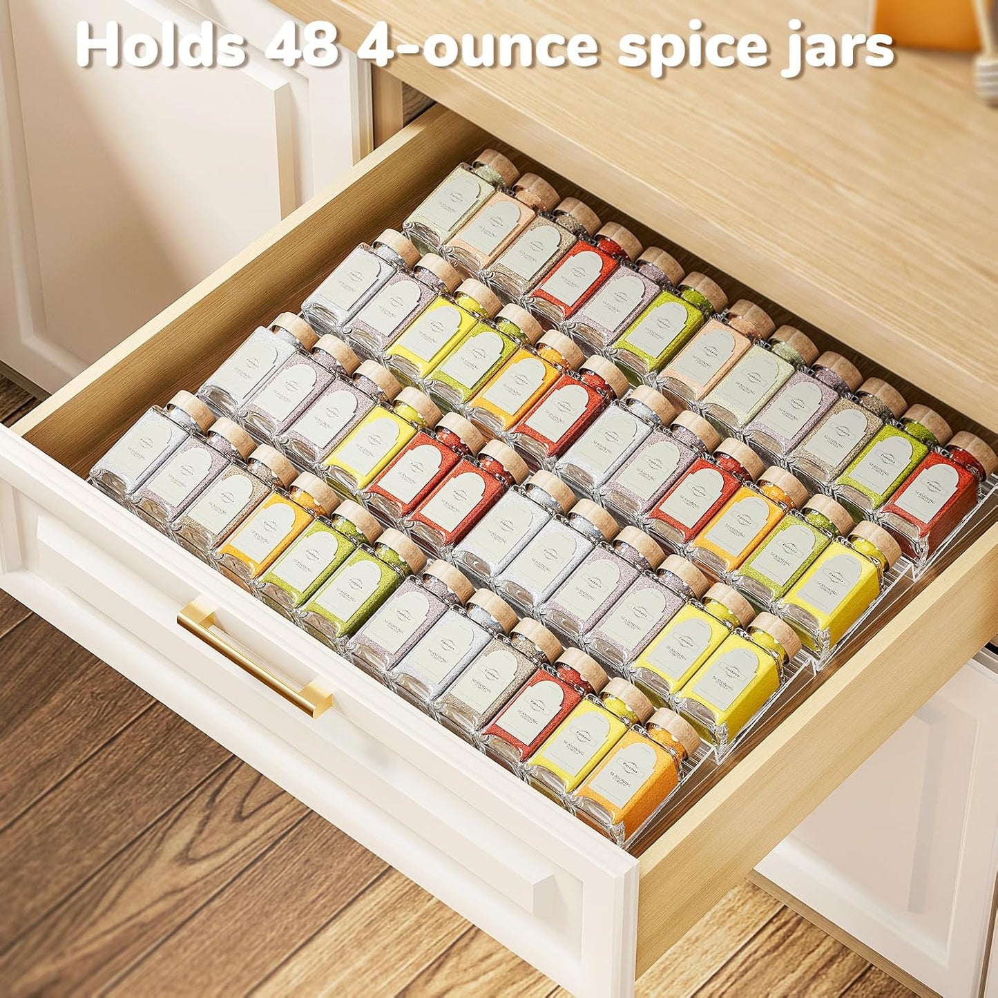 2-Tier Spice Drawer Organizer 4 Pack, Expandable from 11" to 22" Clear Acrylic Spice Rack for Drawer, Kitchen Spice Organization, Seasoning Organizer Holds up to 48 Jars(Jars Not Included)