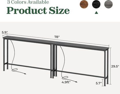 5.9-Inch Narrow Console Table Set with Outlet, 78-Inch Total Length, Behind Couch and Long Entryway Tables with Charging Station for Living Room and Hallway, Black
