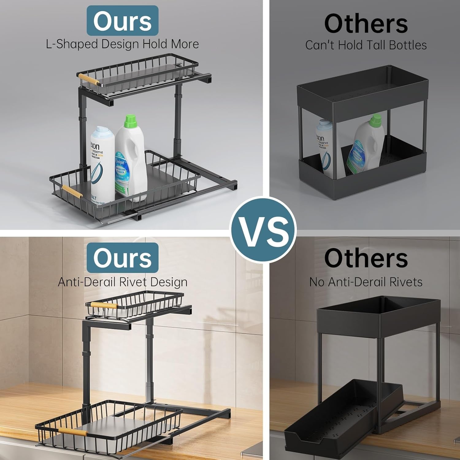 2 Pack under Sink Organizer and Storage, 2 Tier Pull Out Cabinet Organizer, Slide Out under Sink Storage Shelf, Undersink Organizers Shelves for Kitchen Bathroom Pantry Organization