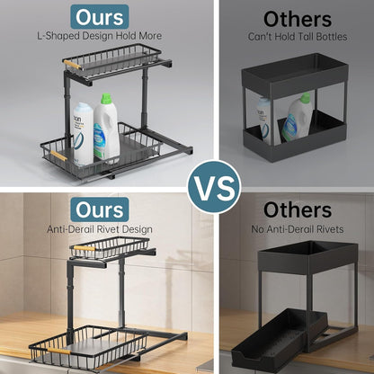 2 Pack under Sink Organizer and Storage, 2 Tier Pull Out Cabinet Organizer, Slide Out under Sink Storage Shelf, Undersink Organizers Shelves for Kitchen Bathroom Pantry Organization