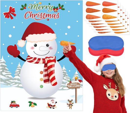 Pin the Nose on the Snowman Game, Christmas Games, Christmas Party Activities with 36 Pcs Nose Stickers and Blindfold for Kids, Adults, Family Holiday Fun