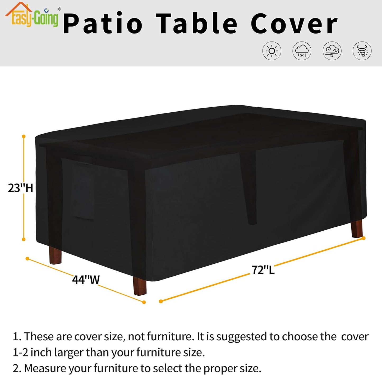 600D Heavy Duty Rectangular Table Cover UV Resistant and Waterproof Outdoor Lawn Patio Furniture Cover (72" Lx44 Wx23 H, Black)