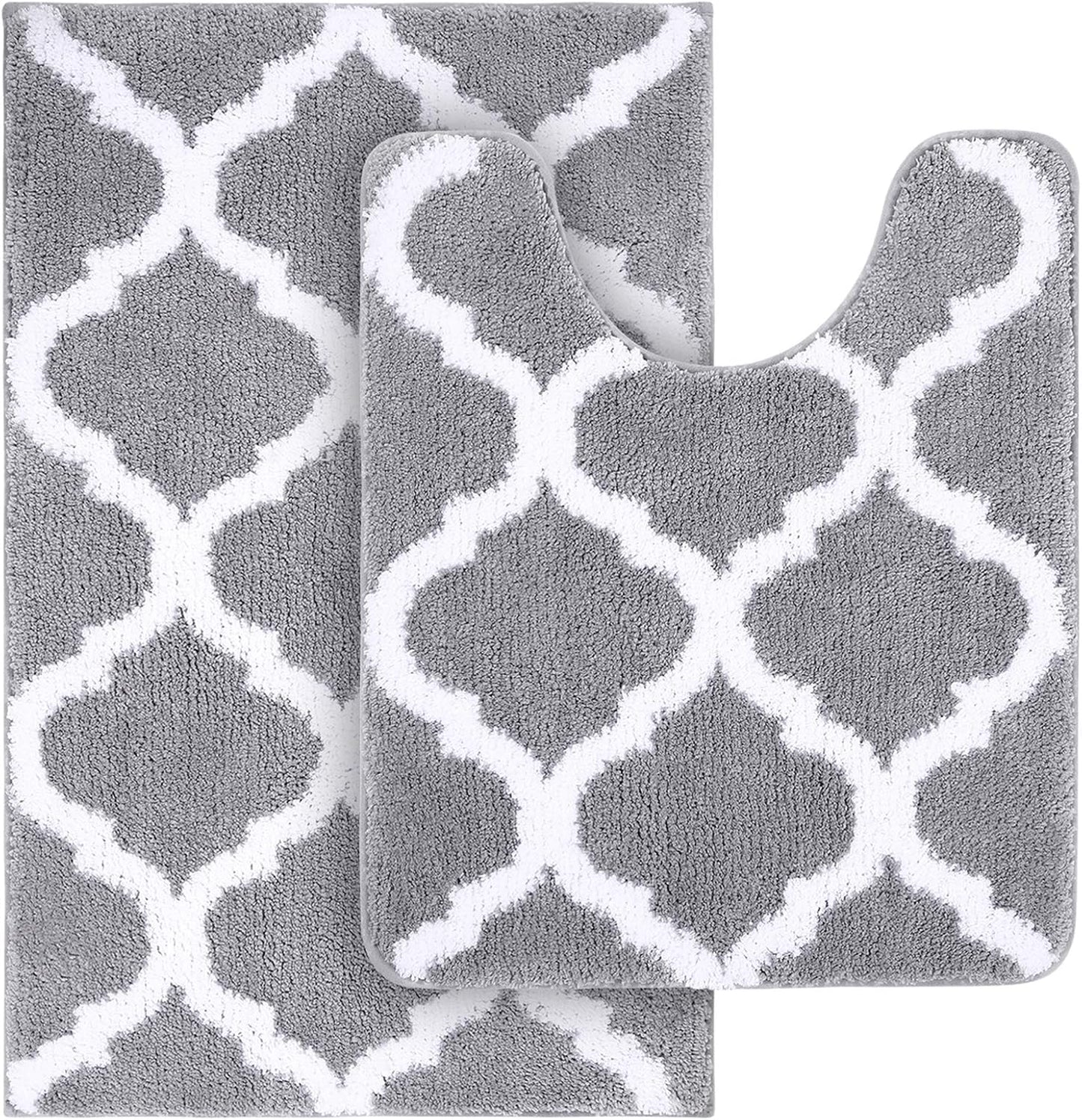 Bathroom Rugs Set 2 Piece, Microfiber Bath Shower Mat and U-Shaped Toilet Rug, Machine Wash Dry, Non-Slip Absorbent Shaggy Bath Mats for Tub, Shower and Bathroom (24"X16"+24"X20", Grey)