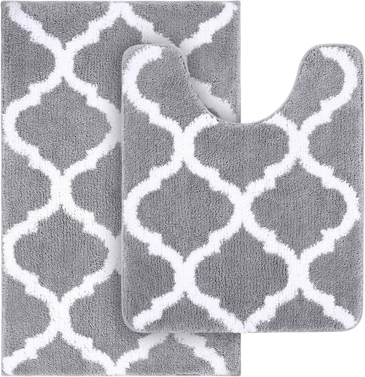 Bathroom Rugs Set 2 Piece, Microfiber Bath Shower Mat and U-Shaped Toilet Rug, Machine Wash Dry, Non-Slip Absorbent Shaggy Bath Mats for Tub, Shower and Bathroom (24"X16"+24"X20", Grey)
