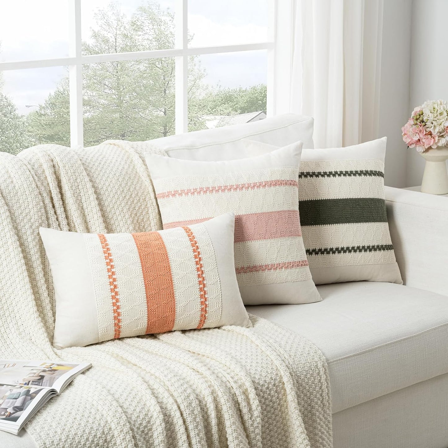 Set of 2 Boho Brown Decorative Throw Pillow Cover 18X18 Inch for Couch Bed Sofa, Aesthetic Modern Organic Farmhouse Home Decor, Soft Cotton Cute Accent Macrame Woven Cushion Case