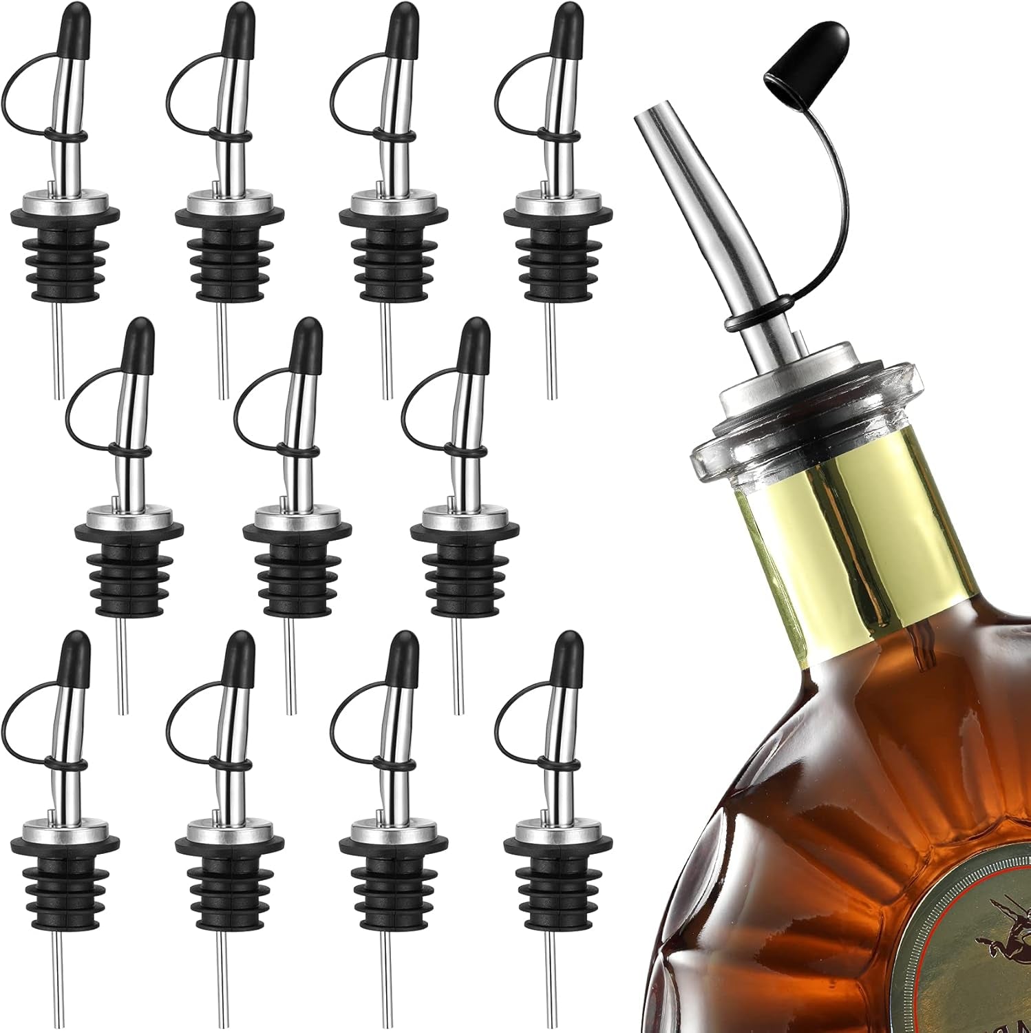 12 Pack Liquor Pour Spout, Stainless Steel Liquor Bottle Pourers with Rubber Dust Caps for Alcohol, Olive Oil, Liquor Pourers with Dust Caps, Speed Pourers, Bar Bartender Accessories