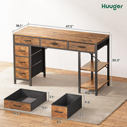 47-Inch Rustic Brown Computer Desk with 6 Drawers and Shelves, Reversible Corner Gaming Desk for Home Office, Study, and Living Room