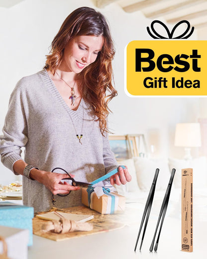 2 Pcs 10-Inch Kitchen Tweezers Fine Tweezer Tongs, Stainless Steel Professional Long Cooking Tweezers for BBQ, Sea Food, Repairing and Serving (BLACK)