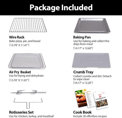 32QT Extra Large Air Fryer, 19-In-1 Air Fryer Toaster Oven Combo with Rotisserie and Dehydrator, Digital Convection Oven Countertop Airfryer Fit 13" Pizza, 6 Accessories, 1800W (Black)