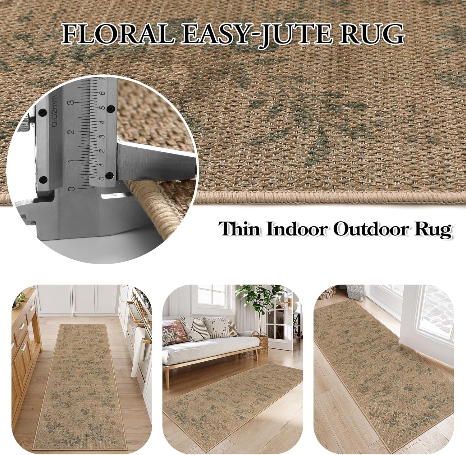 Floral Easy Jute Kitchen Runner Rug, 2X6 Carpet for Hallway 6Ft Non Slip Outdoor Mat for Entryway, Neutral Indoor Outdoor Runner Rugs Washable Carpet for Hallways