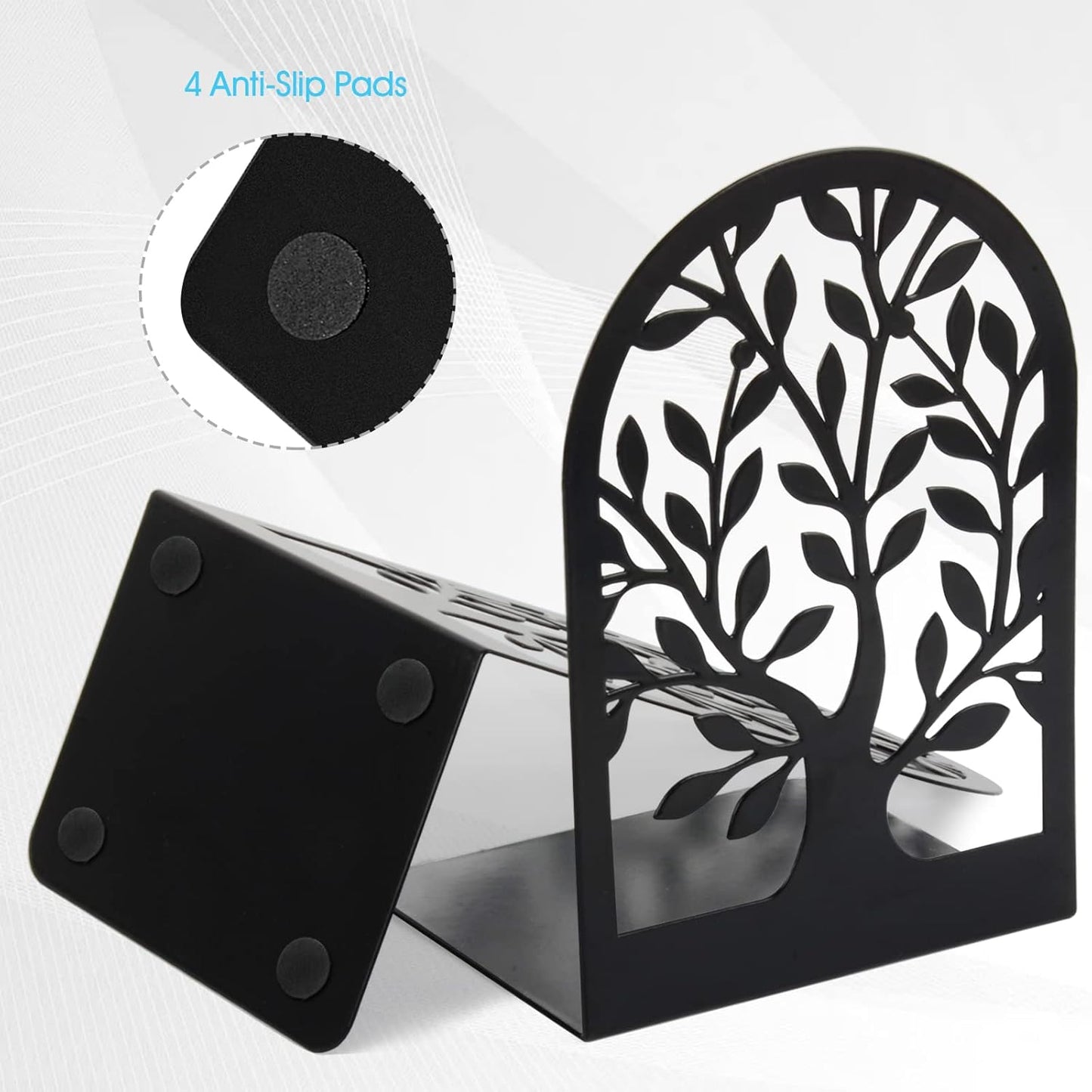 Book Ends, Metal Bookends for Shelves Decorative, Tree Stopper for Heavy Books, Black Ends to Hold Books for Home Office, 6.5 X 4.7 X 3.5 Inch(3 Pairs/6 Pcs, Large)