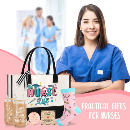 Nurse Gifts for Women, Nurse Appreciation Gifts, Nurses Week Gift, Graduation, Birthday, Christmas, New Year- Nurses 16 Oz Can Glass Canvas Beach Bag Socks Mirror Bracelet