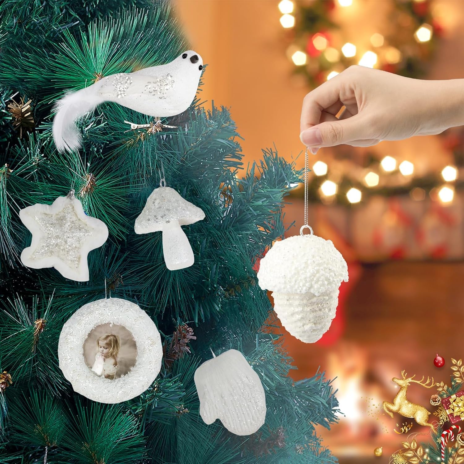 6 Pcs Christmas Tree Balls Ornaments Glitter Ball Xmas Hanging Decorations, Pre-Strung Shatterproof Ornaments White Painted Decorative Baubles for Party Wedding Christmas Decor