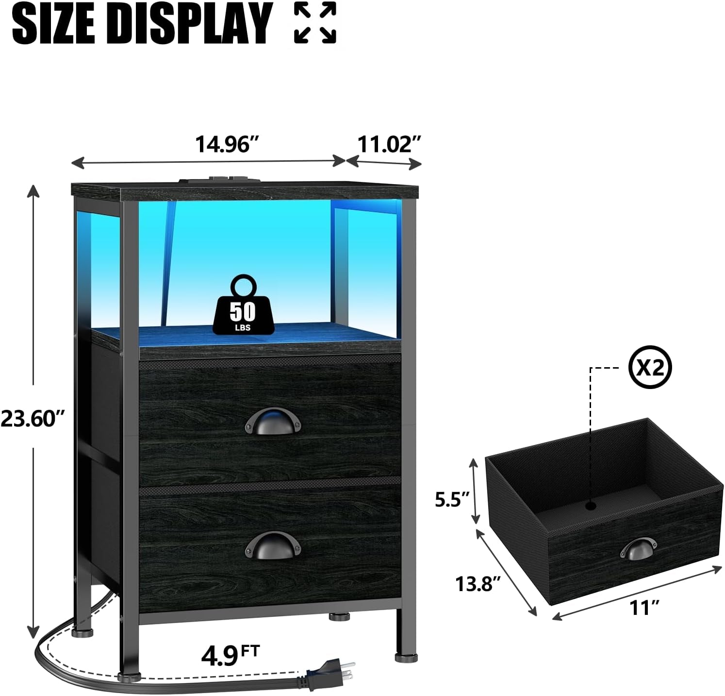 Nightstands Set of 2, End Tables with Charging Station and LED Lights, Black Night Stands with 2 Fabric Drawers, Bedside Tables Set of 2 for Living Room/Bedroom,Black Oak