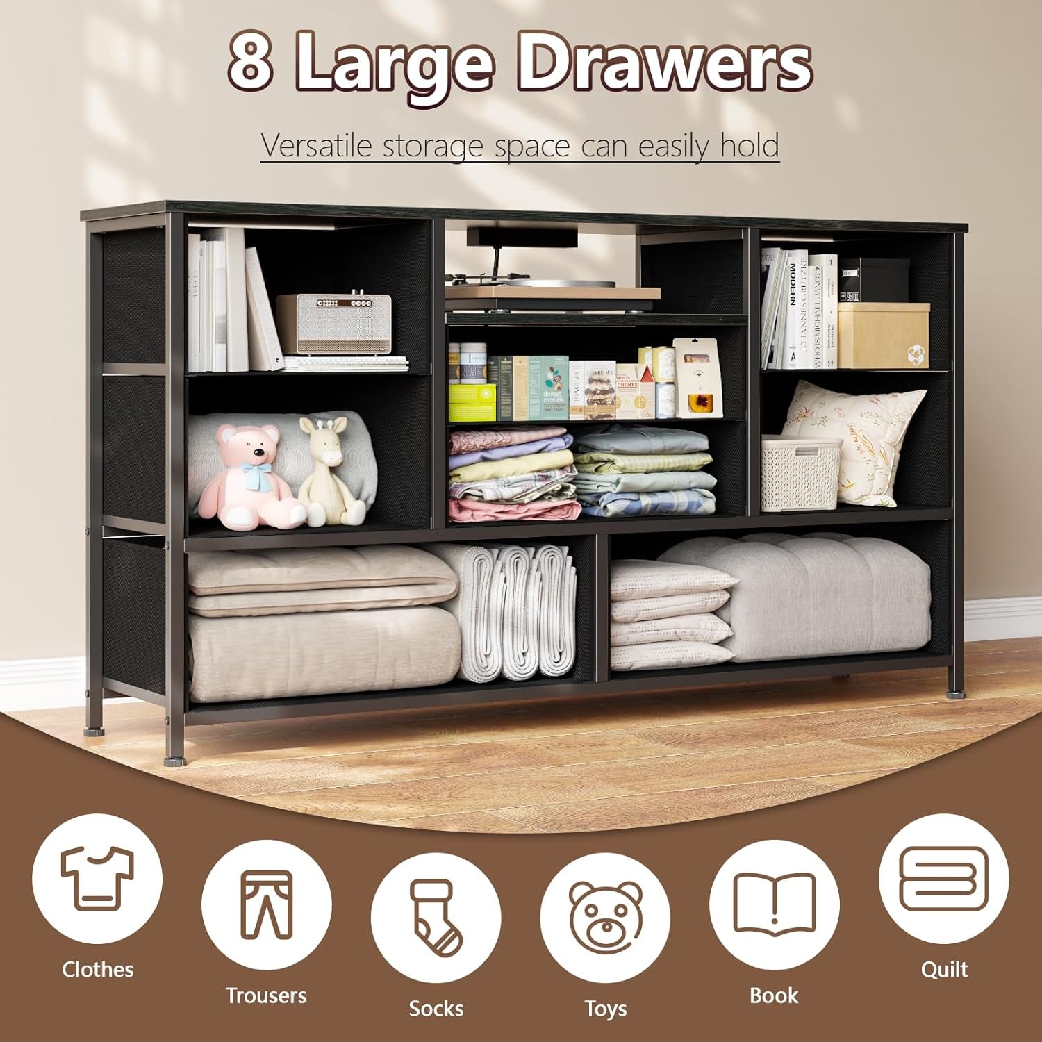 Dresser TV Stand with Power Outlet for 55-Inch TVs, Entertainment Center Featuring 8 Deep Drawers, Ideal Storage Solution for Bedroom, Closet, Living Room, and Hallway (Black Oak)