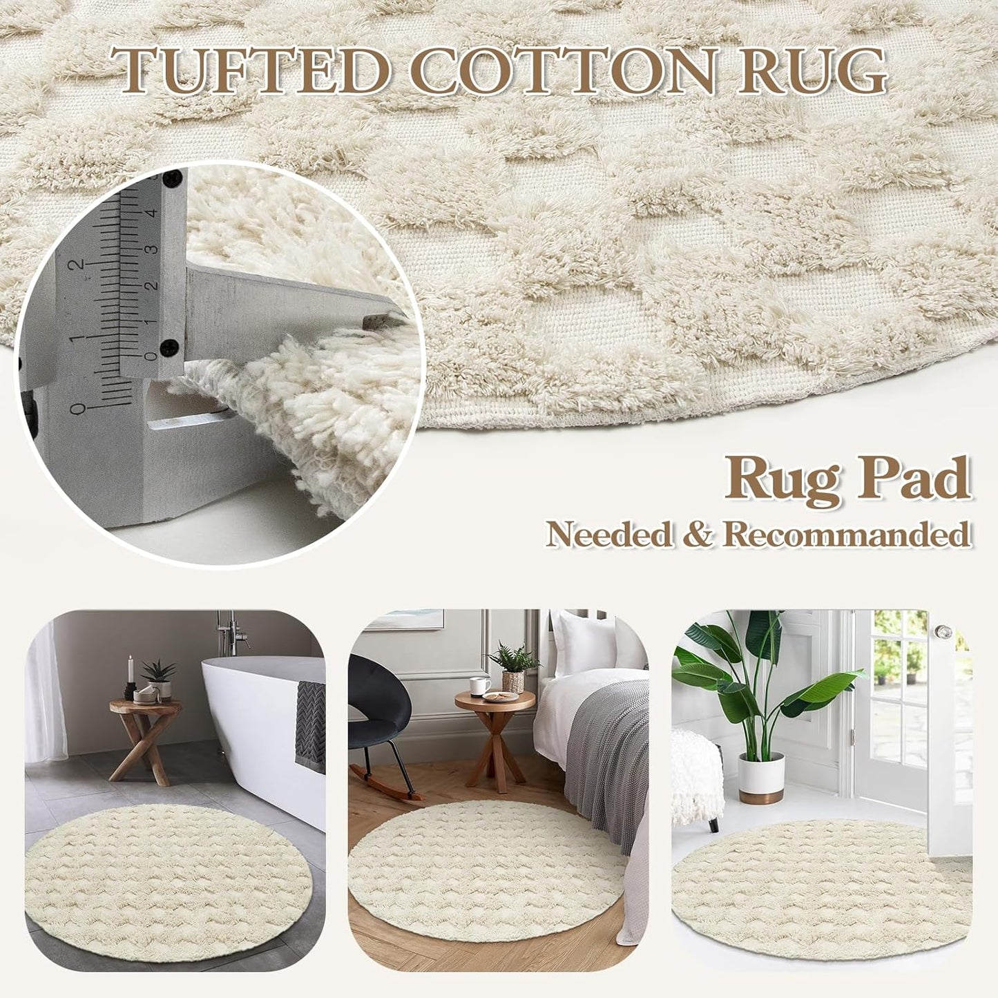 Checkered Boho round Rug 3Ft, Small Beige Circle Bathroom Nursery Rug Cotton Indoor Bath Door Mat with Tufted, Farmhouse Checkerboard Washable Cream Carpet for Dorm Entryway Room Decor