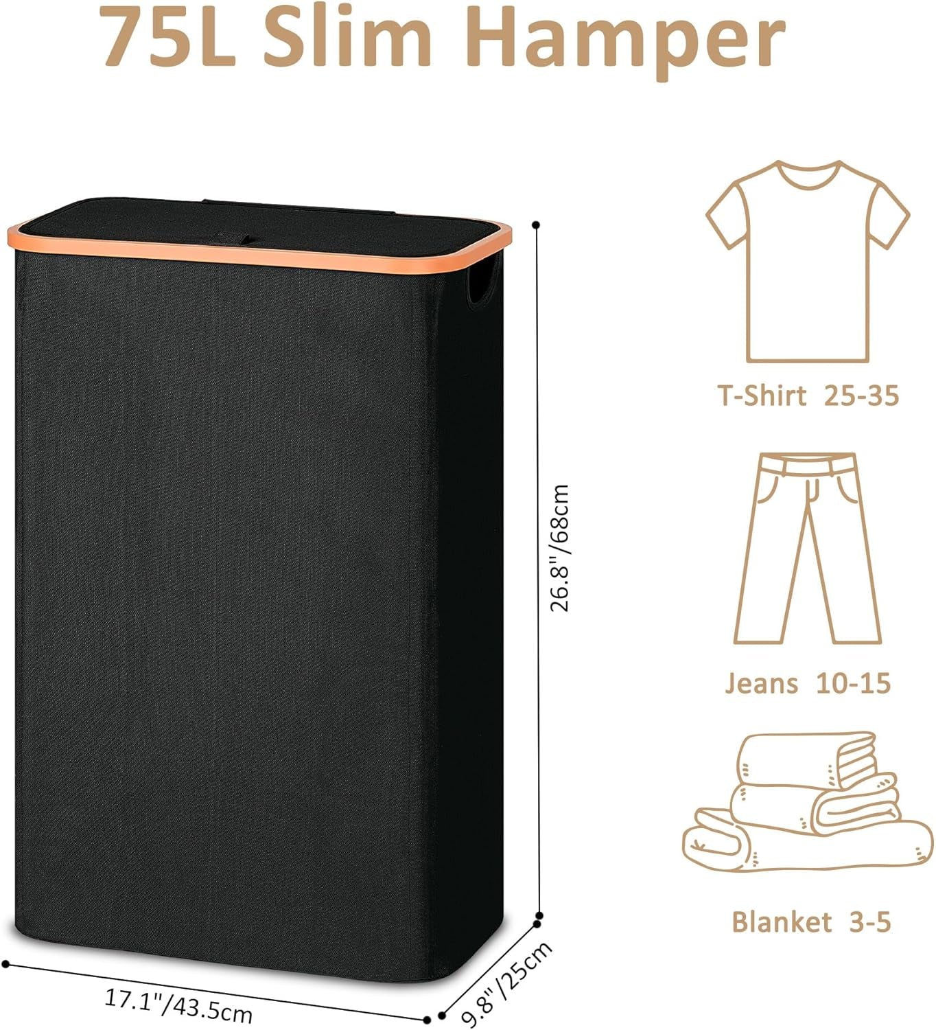 Slim Laundry Basket with Lid, Narrow Dirty Clothes Hampers for Laundry with ABS Handle, Skinny Laundry Bin for Laundry Room, Dorm, Bedroom and Bathroom, 19.8 Gallon (75L) Black