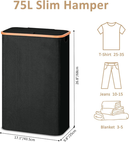 Slim Laundry Basket with Lid, Narrow Dirty Clothes Hampers for Laundry with ABS Handle, Skinny Laundry Bin for Laundry Room, Dorm, Bedroom and Bathroom, 19.8 Gallon (75L) Black