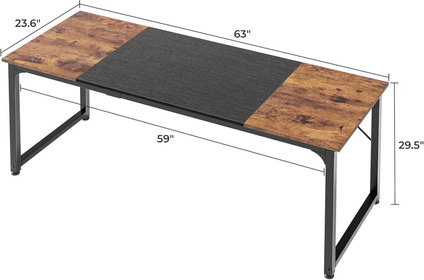 63-Inch Modern Office Desk with Metal Frame, Rustic Brown and Black Finish, Ideal for Home Office, Gaming, and Study Use, Spacious Design with Large Legroom