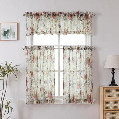 Crushed Sheer Curtains Kitchen Tiers 36 Inch Length 2 Panels, Printed Design Small Window Half Curtains for Bathroom Cafe Bedroom Cupboard Living Room, Short Light Filtering Curtain, 42"X36"