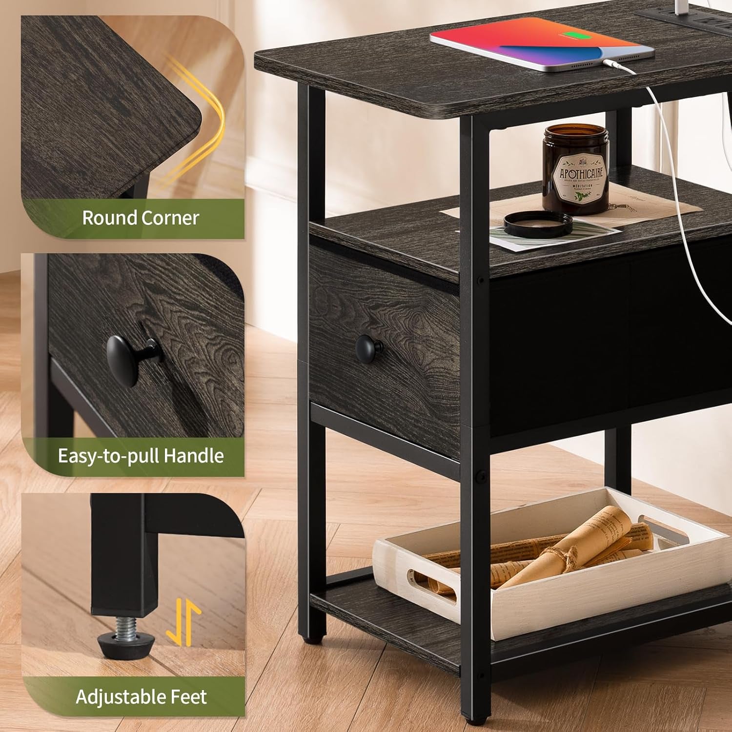 End Table with Charging Station, Narrow Side Table with Adjustable Fabric Drawer, 3-Tier End Tables Living Room, Small Nightstand with Outlets, LED Skinny Night Stand for Bedroom Small Spaces