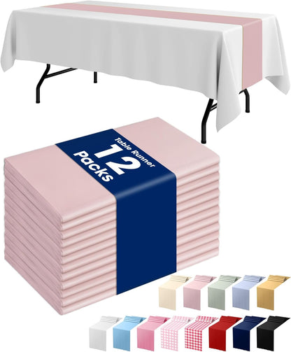 Dusty Pink Plastic Table Runners - 12 Pack, 14'' X 108'', Water Resistant & Disposable Centerpiece Decorations for Table Cloth, Wedding, Birthday, Holiday, Baby Shower, Party, Home Decor