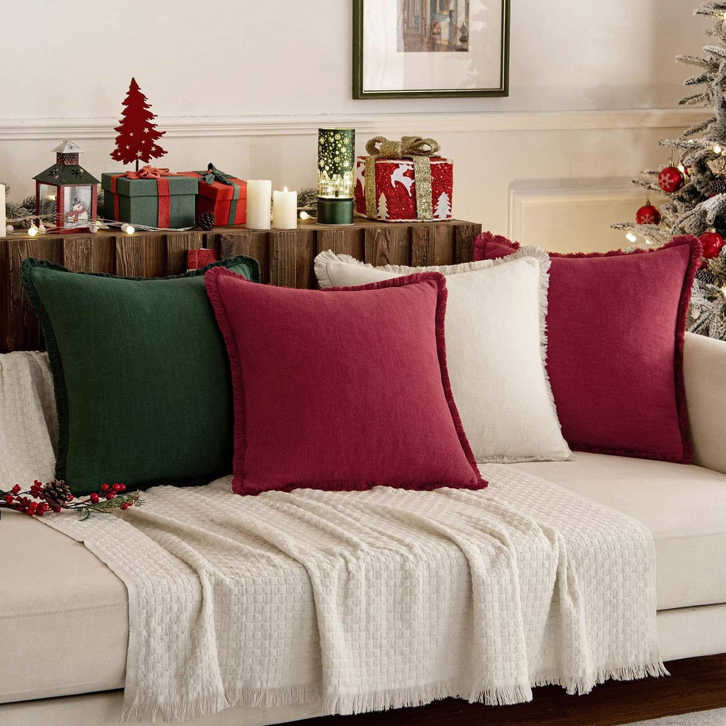 Linen Pillow Covers 18X18 Inch Dark Green Decorative Throw Pillows with Fringe Pack of 4 Soft Farmhouse Boho Couch Pillows Home Decors for Sofa Cushion Living Room Bed