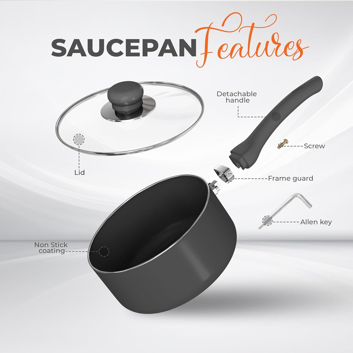 2 Quart Detachable Handle Nonstick Saucepan with Glass Lid, Multipurpose Use for Home, Kitchen or Restaurant, Grey & Black